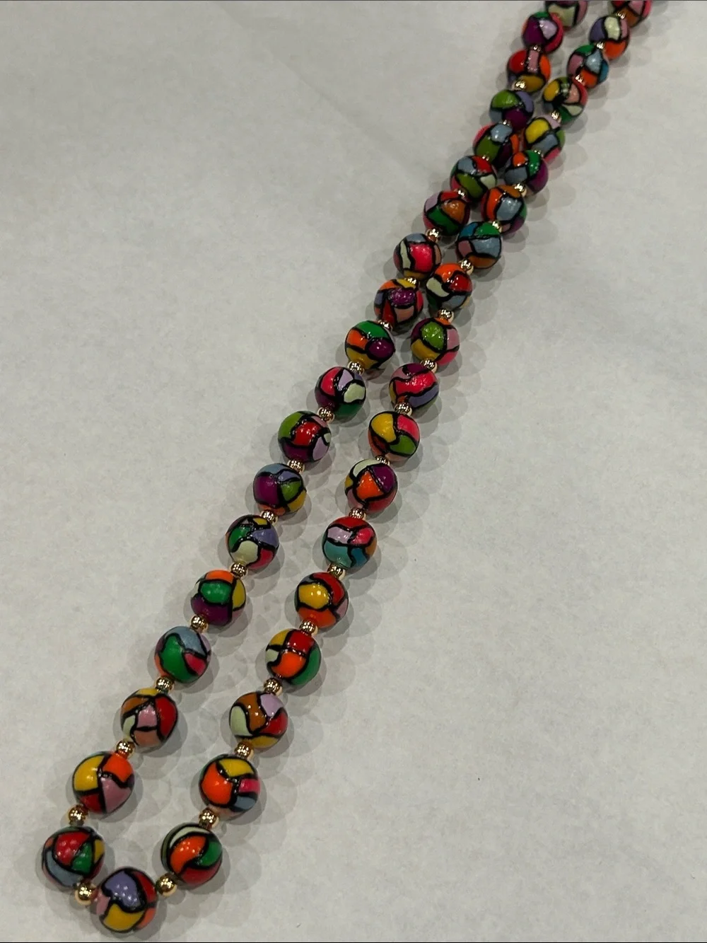Vintage stained glass Beaded glow party 80s Necklace Gold Accent Beads long 30”